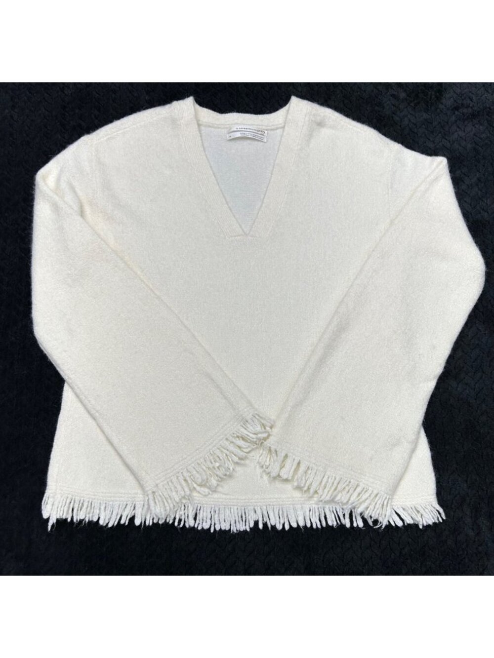 Anthropologie Joy Fringe V-Neck Sweater Cream Women's S Wool Blend